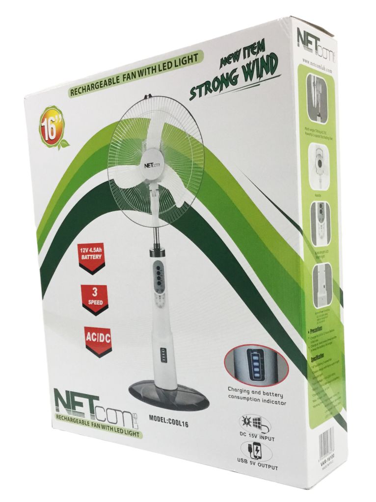 Rechargeable pedestal fan with light & usb charger top