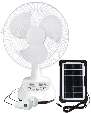 VAR-16200 14” Oscillating 2 Speed standing fan, AC/DC, Solar Panel and bulbs