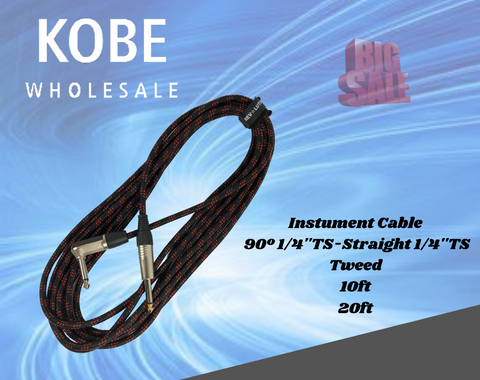 EXT-20287 20285 Instument Cable R/Ang1/4''TS-Straight1/4''TS Tweed - KobeUSA
