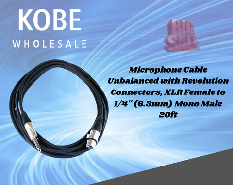 EXT-20200 Microphone Cable Unbalanced with Revolution Connectors, XLR Female to 1/4'' (6.3mm) Mono Male 20ft - KobeUSA