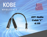 EXT-20580 "Y" Audio Cable OFC Balanced with Revolution Connectors, 3.5mm Stereo Male 90° to 2x[1/4'' (6.3mm) Stereo Female] 0.7ft (0.2mts) - KobeUSA