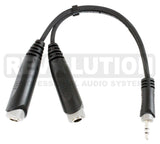 EXT-20580 "Y" Audio Cable OFC Balanced with Revolution Connectors, 3.5mm Stereo Male 90° to 2x[1/4'' (6.3mm) Stereo Female] 0.7ft (0.2mts) - KobeUSA