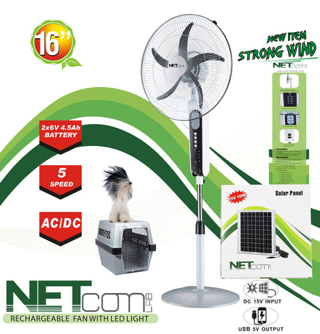 Kit 16" Oscillating Fan, Rechargeable, 5 Speed, LED. 16" AC/DC with solar panel combo - KobeUSA